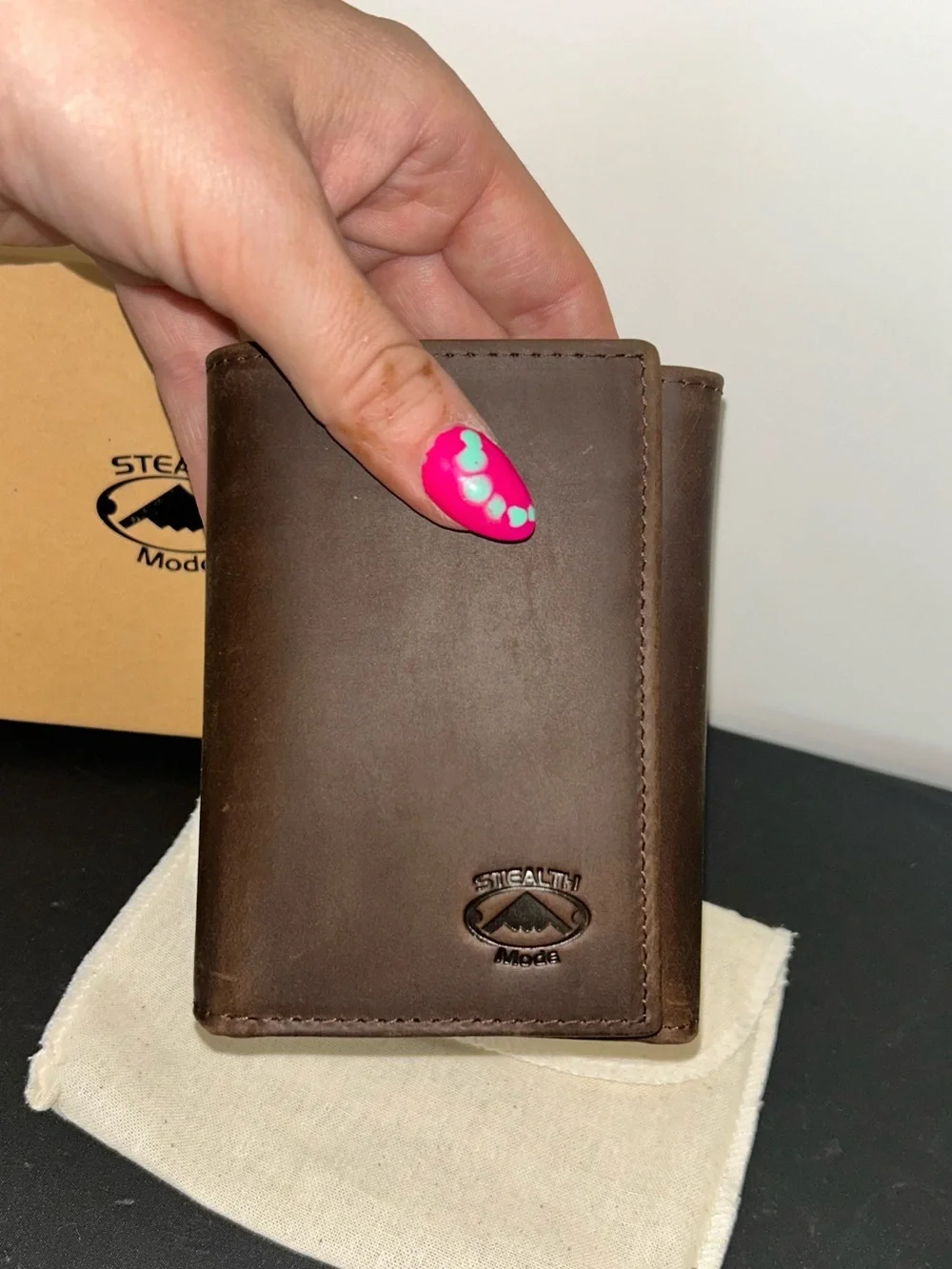Leather Trifold Wallet with ID Window - Dark Brown
